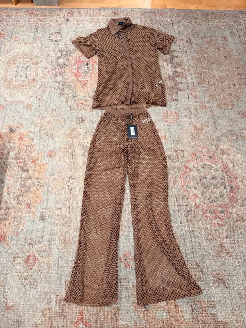 PrettyLittleThing Brown Mesh Wide-Leg Pants Two-Piece Set